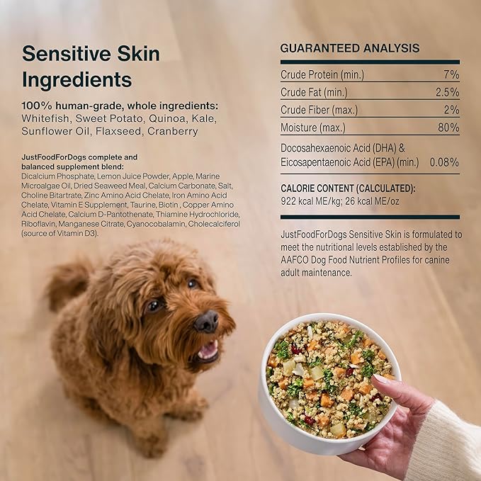 JustFoodForDogs Sensitive Skin Dog Food, Frozen Fresh Pet Meals and Toppers for Skin and Coat, Human Grade, Fortified with Omega 3, Highly Digestible, White Fish - 18-oz, 7 Pack