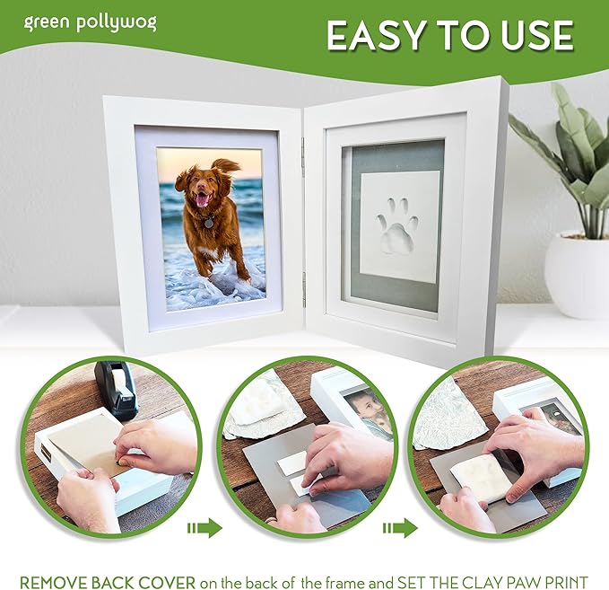 Green Pollywog | Paw Print Pet Keepsake Hinge Photo Frame + Clay Print Kit | Tabletop Photo Frame + Extra-Large Air-Dry Clay Imprint Kit | 4” x 6” Picture Openings