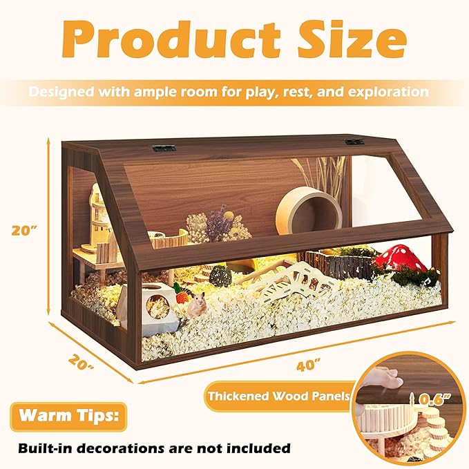 PROLEE Hamster Cage Chewproof, Sloped Mice and Rat Habitat with Clear View, Solid Built with Lockable Design and Openable Top (Walnut)