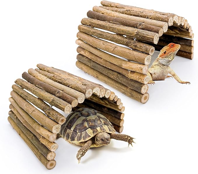 BNOSDM 2PCS Reptile Hideout Wooden Bridge 7.5"x13.4" Lizard Hide Caves Bearded Dragon Habitat Accessories for Gecko Snake Frog Chameleon Iguana Tortoise