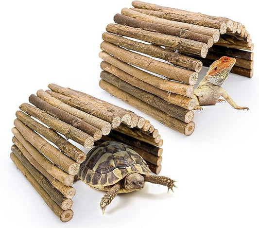 BNOSDM 2PCS Reptile Hideout Wooden Bridge 7.5"x13.4" Lizard Hide Caves Bearded Dragon Habitat Accessories for Gecko Snake Frog Chameleon Iguana Tortoise