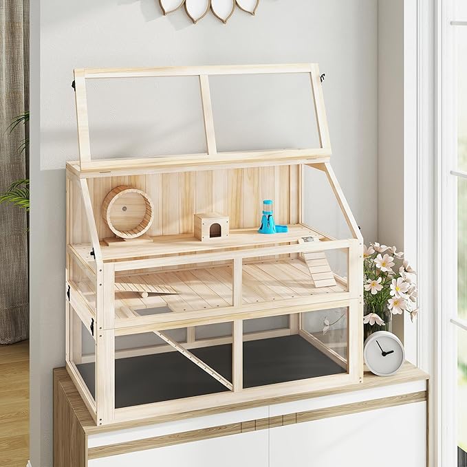 PawHut Wooden Hamster Cage, 3 Tier Small Animal Cage with Detachable 12.4" Deep Bottom, Hut, Seesaw, Exercise Wheel, Ramps, Hamster Habitat for Dwarf, Gerbil, 37" x 21" x 30"