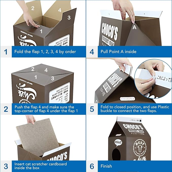 Cardboard Cat House with Scratch Pad, Corrugated Kitten Hideaway Cave, Cute Cats Condos Box, Milk Box Shape Cat Scratching House Bed, Black