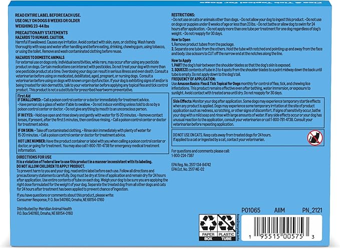 Amazon Basics Flea and Tick Topical Treatment for Dogs, Medium Dog (23-44 lbs), Fast Acting and Long Lasting, 3 Counts, Packaging May Vary