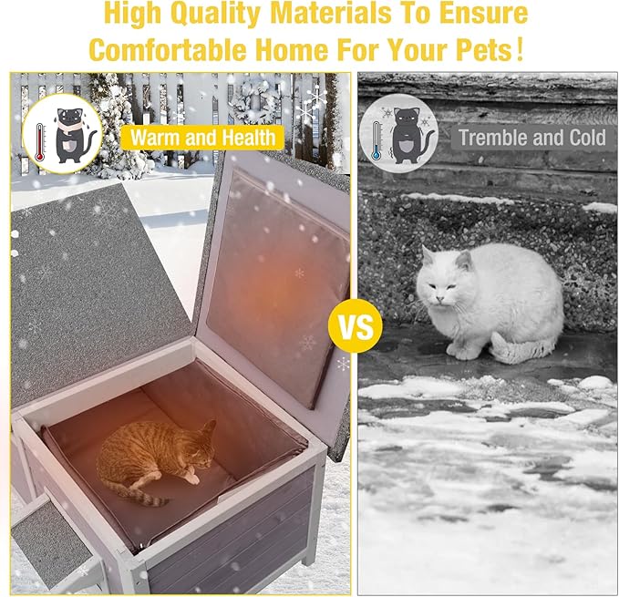 Aivituvin Outdoor Cat House，Double Rooms Waterproof Outside Feral Cat Shelter for Winter 100% Wood