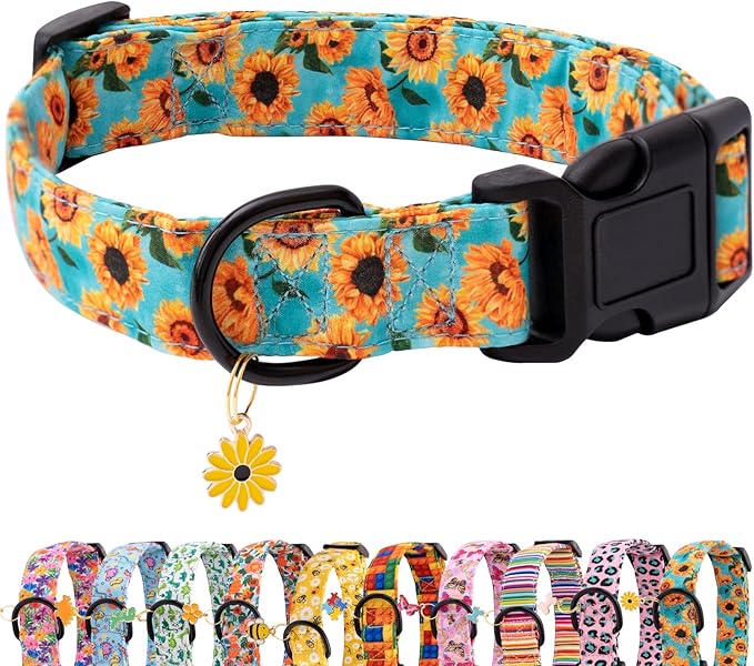 Faygarsle Dog Collar for Small Medium Large Dogs Cute Light Green Puppy Collars for Female Dogs Sunflower Patterned Pet Collars for Summer Spring Wedding Puppy Girl Dog Collar M