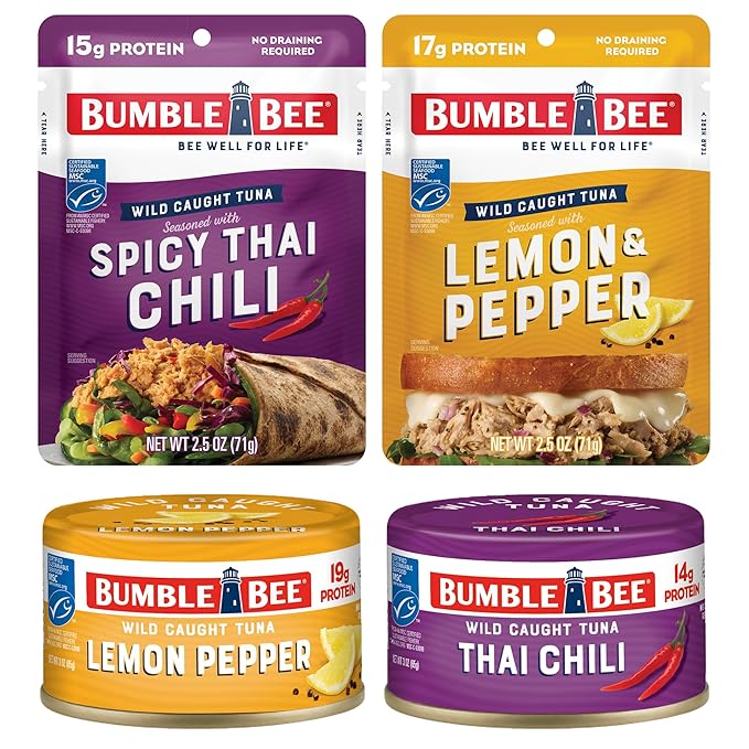 Bumble Bee Seasoned Tuna On The Go Bundle - Lemon & Pepper and Spicy Thai Chili - (2) Ready to Eat 2.5 oz Packets and (2) Snack Sized 3 oz Cans
