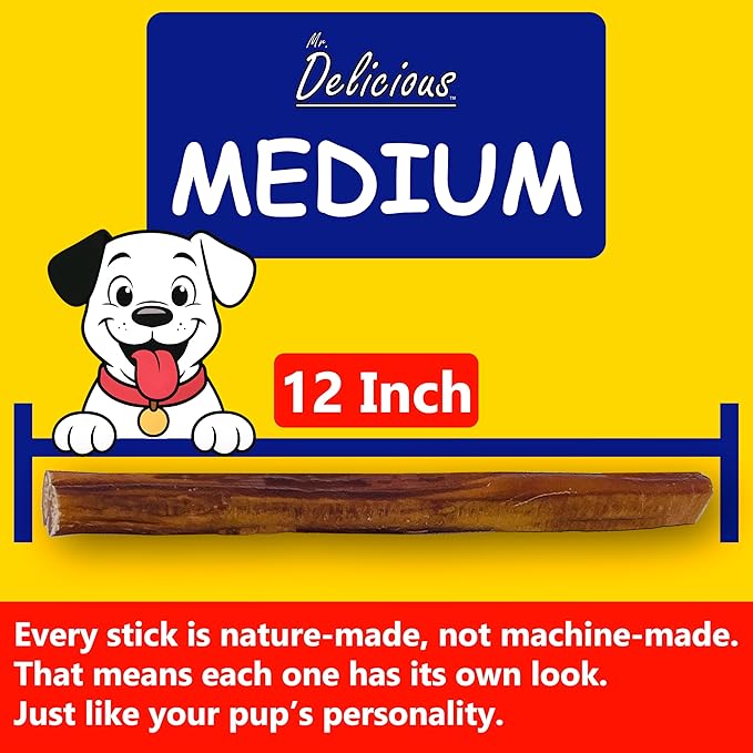 Mr. Delicious Bully Sticks for Dogs, 10 Count, 12 Inch Medium, Consistent Thickness, All Natural, Grass Fed, Rawhide-Free, Single Ingredient, Long Lasting Dog Chews