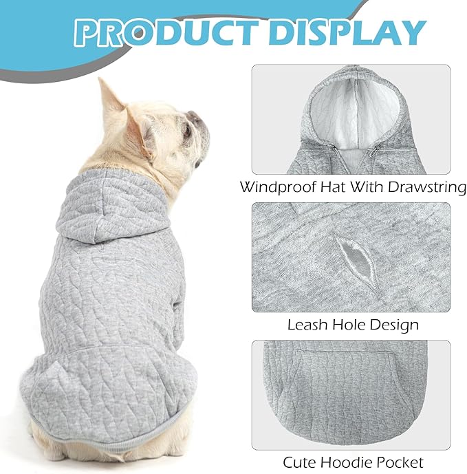 EXPAWLORER Textured Cable Knit Basic Dog Hoodie, Elevated Style Dog Sweater with Leash Hole and Pocket, Soft and Warm Pet Winter Coat, Cold Weather Clothes for Small Medium Large Dogs,Grey M