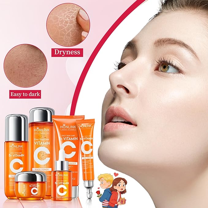 6-Piece Hydrating Skincare Set with Vitamin C & Niacinamide, Face Care Kit Includes Toner, Serum, Cleanser, Moisturizer, Eye Cream & Body Lotion | Valentine’s Day Gift for Women