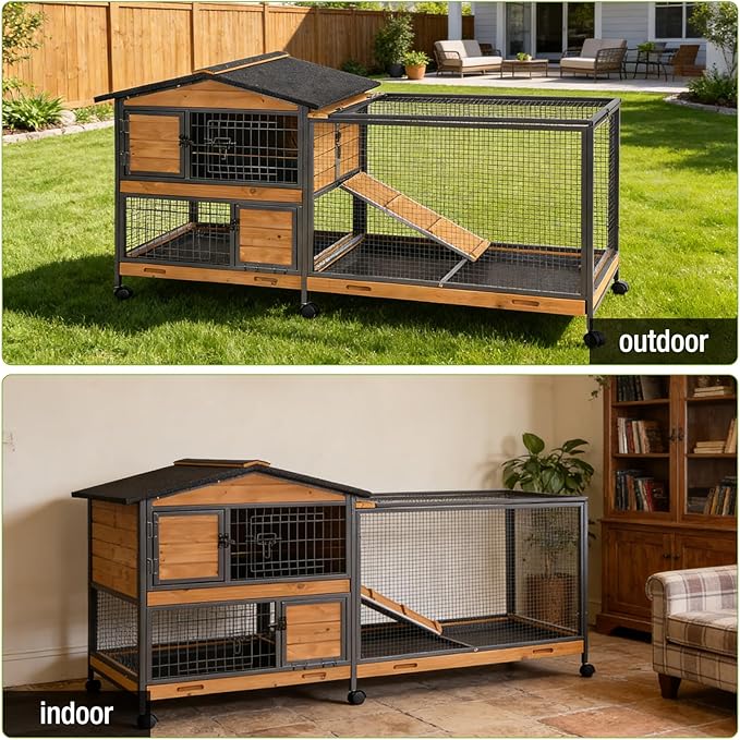 Rabbit Hutch with Chew Proof Metal Frame Indoor and Outdoor, Mobile Rabbit Cage with Wheels, Large Bunny Cage with Leakproof Trays and Waterproof Roof for Guinea Pig, Small Animals (Orange)