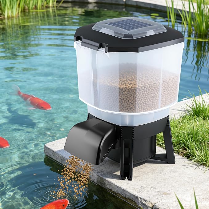 Solar Automatic Fish Feeder for Pond, Large Capacity 23L, Auto Outdoor Koi Fish Feeder, Programmable Auto Timer, Automatic Dispenser for Vacation, Big Tank, Battery & AC Electric Power