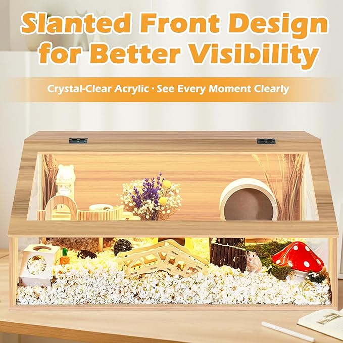 PROLEE Hamster Cage Chewproof, Sloped Mice and Rat Habitat with Clear View, Solid Built with Lockable Design and Openable Top (Oak)