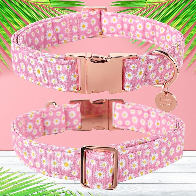Daisy Summer Cotton Dog Collar with Metal Buckle Gift Pink Collar for Small Medium Large Girls or Boys Dogs Cute Durable Comfortable Pet Collars