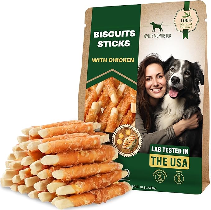 Dog Treats Biscuits Sticks Chicken Wrapped Human Grade Meat 10.6 oz - Natural Dried Snacks Rawhide - Free & Grain Free Long Lasting Chews for Large & Small Dogs - Best for Training & Healthy Teeth