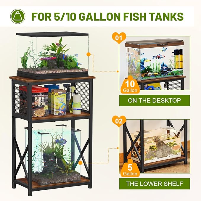 Snughome 10 Gallon Aquarium Stand with Storage, 3 Tier Heavy Metal Fish Tank Stand Shelf 20.47" x 11.42" x 30.91", Rustic Brown