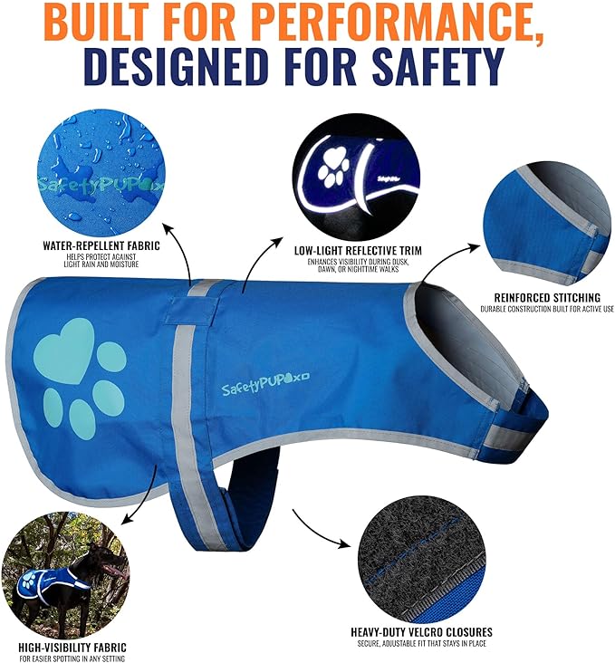 SafetyPUP XD Dog Reflective Vest – Hi-Vis Fluorescent Visibility That Helps to Safeguard Your Pet On/Off Leash in Urban & Rural Areas (Blue, Small)