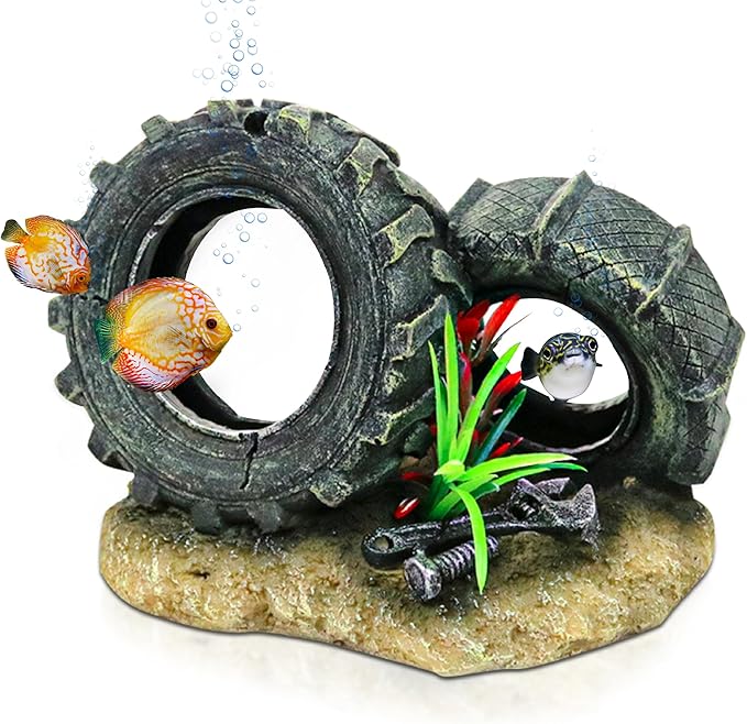Aquarium Resin Decorations, Tree House Ornament-Tire Scene, Aquarium Decor for Glofish, Betta Accessories, Turtle Hideouts, Aquarium Plants, Ornaments & Fish Tank Accessories (Tire landscape)