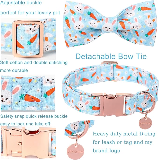 Easter Dog Collar With Bow Tie, Cotton Carrot Bowtie for Large Girl Boy Dog, Cute Bunny Pet Collar With Metal Buckle, Gift, M