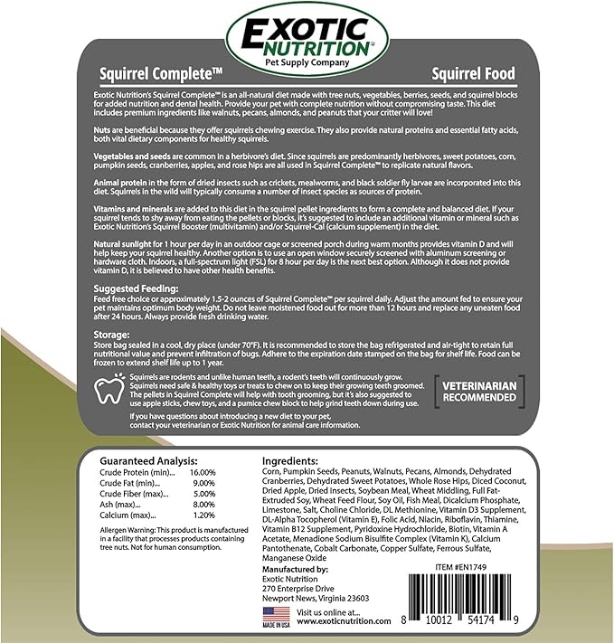 Exotic Nutrition Squirrel Complete (4 lb.) - Healthy Natural Food for Squirrels - Ground, Grey, and Flying Squirrels