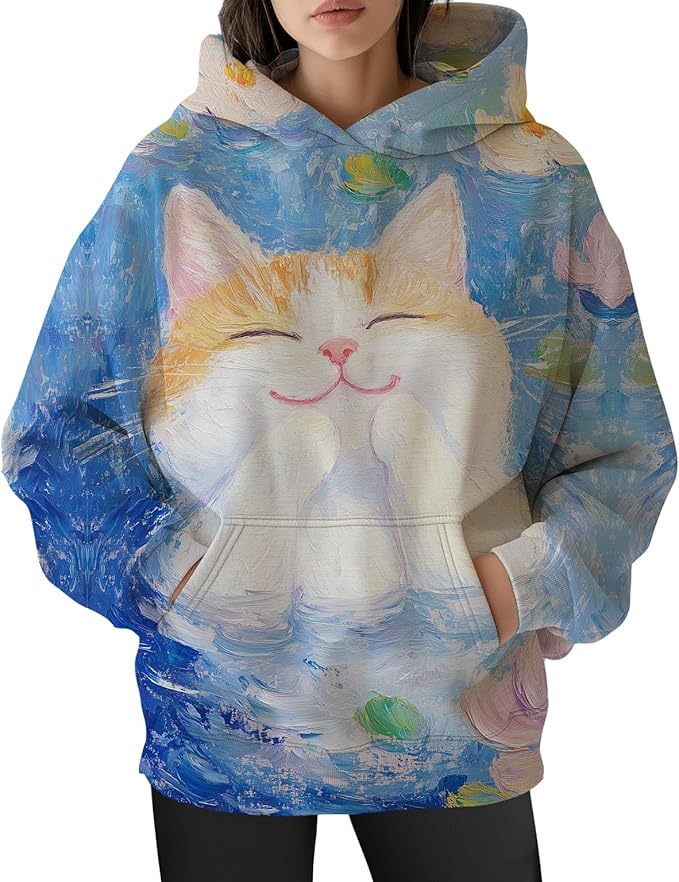 Womens Funny Cat Hoodies Oversized Graphic Hooded Sweatshirt for Women Fall Plus Size Pullover Hoodie Y2K