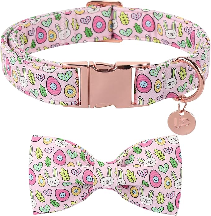 Easter Bunny Dog Collar with Bowtie,Cotton Easter Eggs Bowtie Collar for Puppy Girl Boy Dogs,Cute Bunny Pet Collars with Metal Buckle,Gift Dog Collars, L, Neck 16-24in