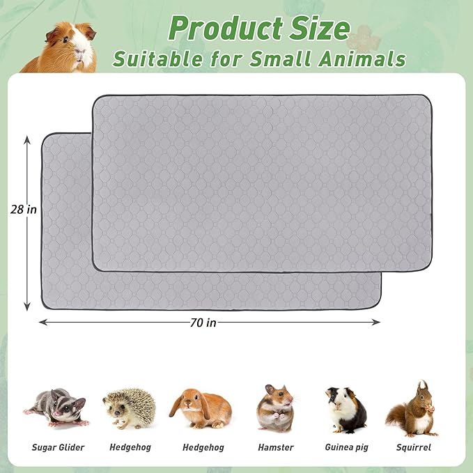 2Pack Guinea Pig Cage Liners, 28''X70'' Washable Guinea Pig Pee Pads, Non Slip Reusable Super Absorbent Guinea Pig Training Mat Bedding Fleece for Small Animals Hamster Rabbit Chinchilla Rat