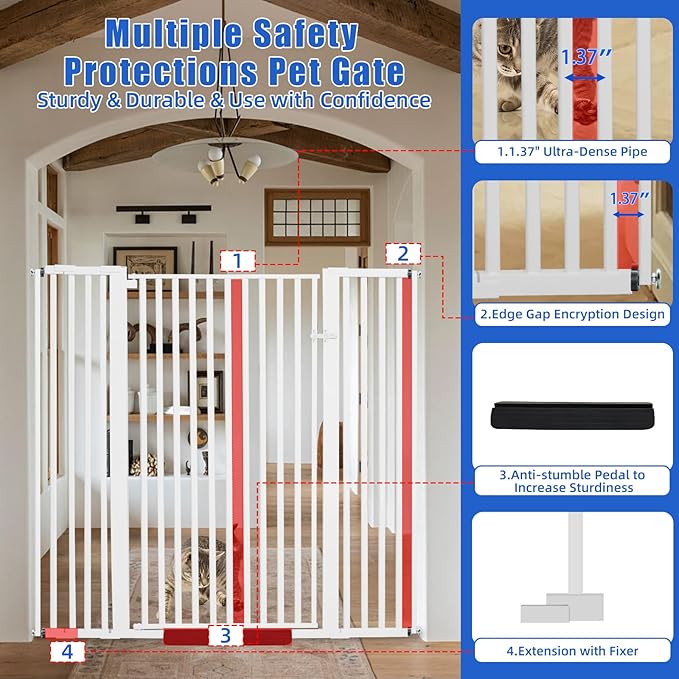 55 Inch Extra Tall Pet Gate for Cats,29.92"-48" Adjustable Wide Dog Gates,Pressure Mounted Walk Through Tall Pets Gate for Doorways,Hallway,Stairs(White)
