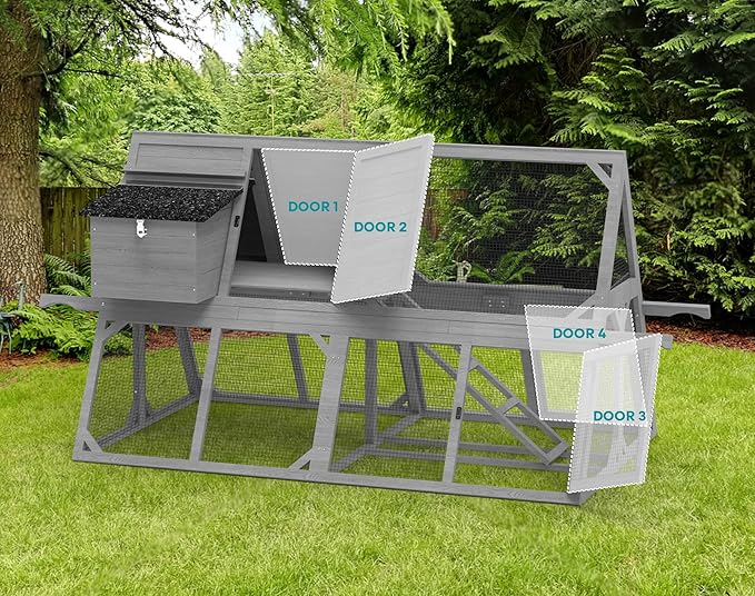 Chicken Coop for 4-8 Chickens, A-Frame Wooden Chicken Run, 95'' Outdoor Poultry Cage w/ 2 Nesting Box, Hen House w/Ventilating Wire, Waterproof Asphalt Roof, Gray