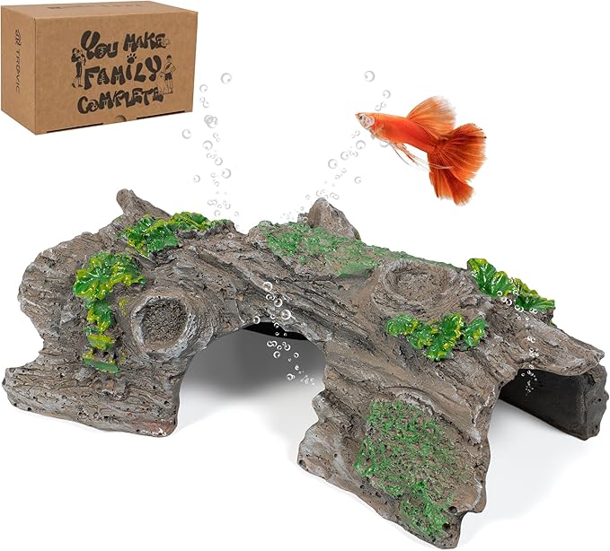 TRUVIC Fish Tank Decorations - Aquarium Cave Decor, Resin Hollow Tree Trunk Reptile Hide & Betta Log Hideout for 20 Gallon Tank, Fish Accessories Shelter Cave