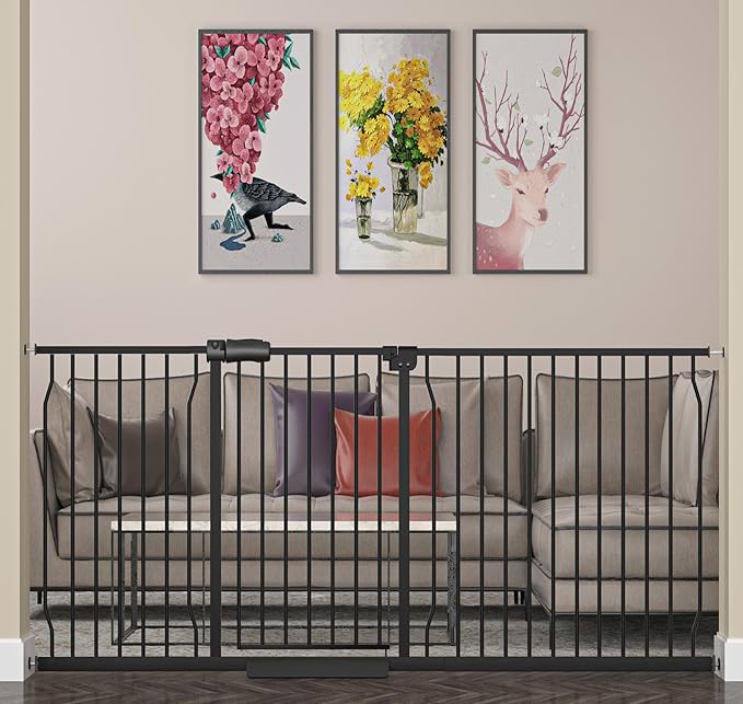 Extra Wide Baby Gate Extra Wide Pet Dog Gates for Stairs Doorways Black Metal Tension Indoor Safety Gates with Pressure Mount 71.5-76.38 Inch