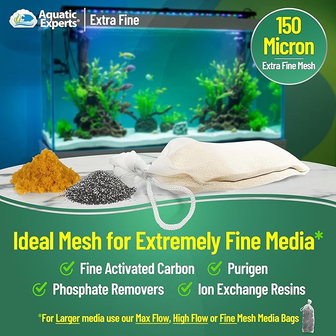 Aquatic Experts Extra Fine Aquarium Media Bag, Durable Drawstring Bags for Fish Tank Filters,150 Micron Mesh, (Extra Fine, 8" x 12" - 3 Pack)