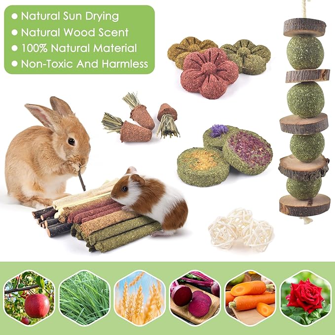ERKOON Bunny Toys Boredom, 42 PCS Bunnies Timothy Hay Sticks Carrots Rose Grass Cake Dental Care, Molar, Chinchillas Toy Chew Toy, Guinea Pigs, Hamsters, Chinchilla, Rabbit Chew Toys for Teeth