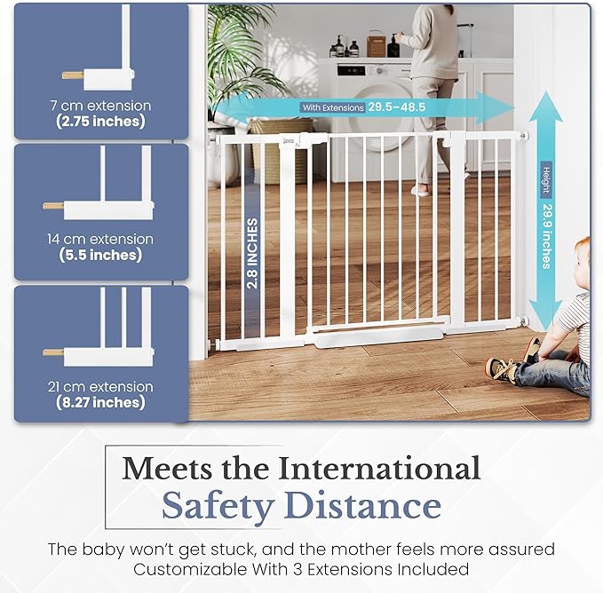 Pressure Mounted Baby Gate for Stairs, Extra Wide 29-48.8 Inch Adjustable, Auto-Close, Double Lock, 29.9" Tall Metal Dog Gates for Doorways, Kitchen & Hallways, CPC & CE Certified, White