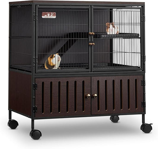 HABUTWAY 36.5''H Metal Large Ferret Cage, Rolling Chinchilla Cage with Removable Ramps& Double Door, Critter Nation with Locker, Small Animal Cage, Rat Indoor Wooden Pet Crate Furniture