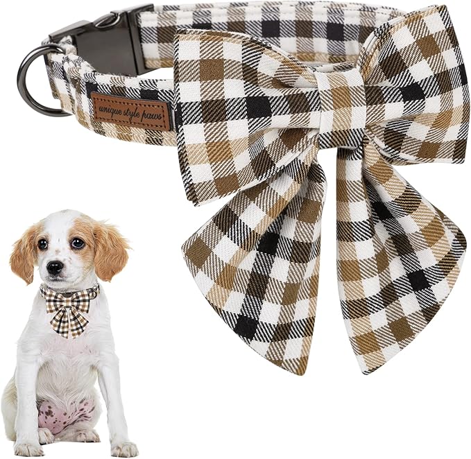 Unique style paws Christmas Dog Collar with Bow Tie Brown Plaid Puppy Collar for Small Medium Large Dogs as Autumn Winter Pet Gifts-L