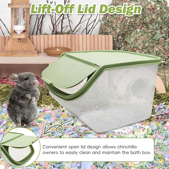 PINVNBY Chinchilla Sand Bath Box Gerbil Transparent Bathroom Chinchillas Plastic Dust Bath House with Sand Cup for Guinea Pig Hedgehog Squirrel and Other Small Animals(Green