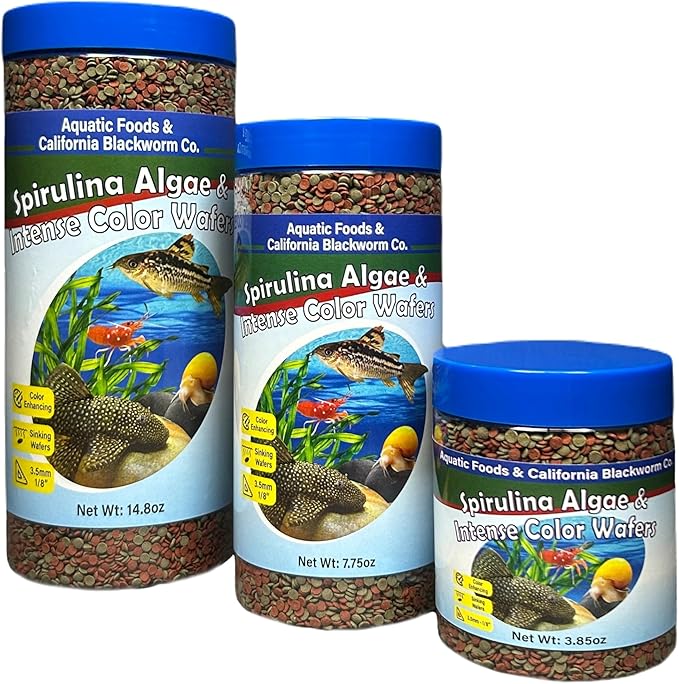 Aquatic Foods Inc. 3.5mm - 1/8" Micro Sinking Wafers of Spirulina, Algae & Color Enhancing Wafers for Bottom Fish, Shrimp, Snails, Tropicals. 4-Type Wafer & 12-Type Pellets Included 6oz Canister