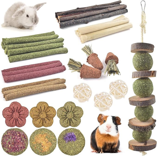 ERKOON Bunny Toys Boredom, 42 PCS Bunnies Timothy Hay Sticks Carrots Rose Grass Cake Dental Care, Molar, Chinchillas Toy Chew Toy, Guinea Pigs, Hamsters, Chinchilla, Rabbit Chew Toys for Teeth