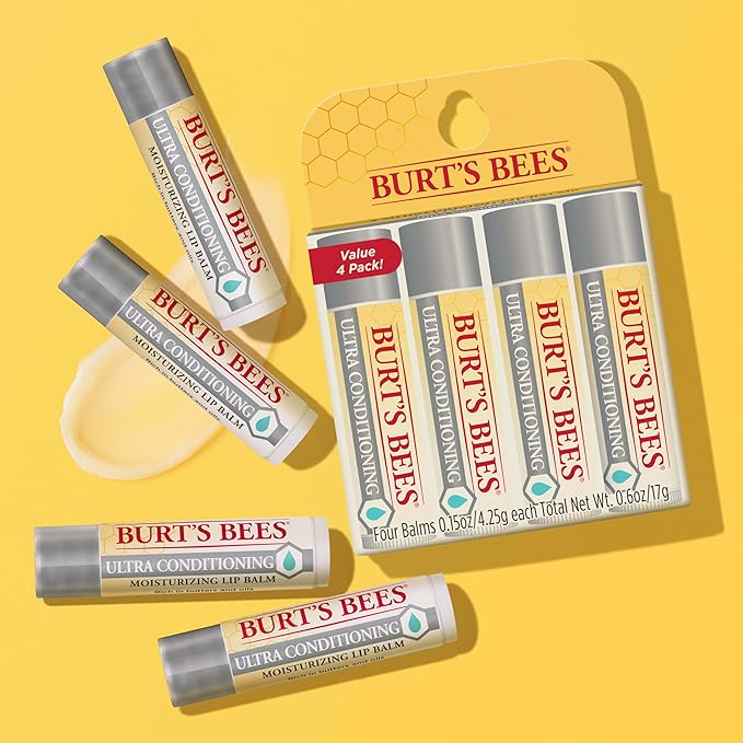 Burt's Bees Lip Balm, Moisturizing Lip Care, 100% Natural Origin, Ultra Conditioning with Shea, Cocoa & Kokum Butter (4 Pack)