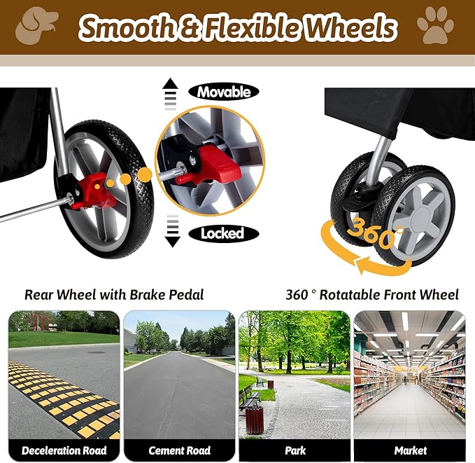 Pet Stroller, 4 Wheels Pet Strolling Cart for Medium/Small Dogs and Cats, Foldable Cat Jogger/Dog Stroller with Cup Holder, Storage Basket, Breathable Mesh, All-Season Pet Carrier, Black
