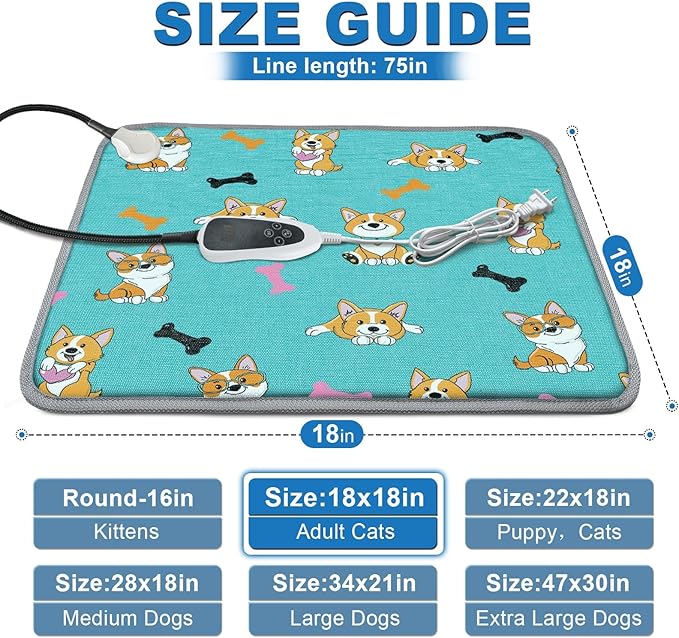 Cat Heating Pad 18x18 in Pet Heating Pad for Cats Waterproof Smart Thermostat Switch, Adjustable, Adding Wire Rope Wires Cat Warming Pad-Blue