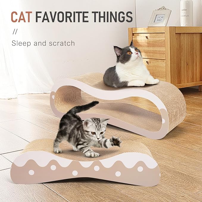 2 in 1 Cat Scratcher Cardboard Lounge Bed, Cat Scratching Post, Durable Board Pads Prevents Furniture Damage,Large,Wave