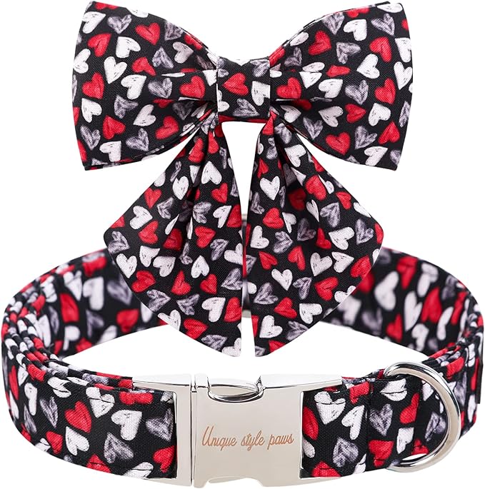 Unique style paws Valentine's Day Dog Collar with Tie Black & Red Heart Puppy Collar Best Gothic Style Gift for Small Medium Large Boys Girls-XS