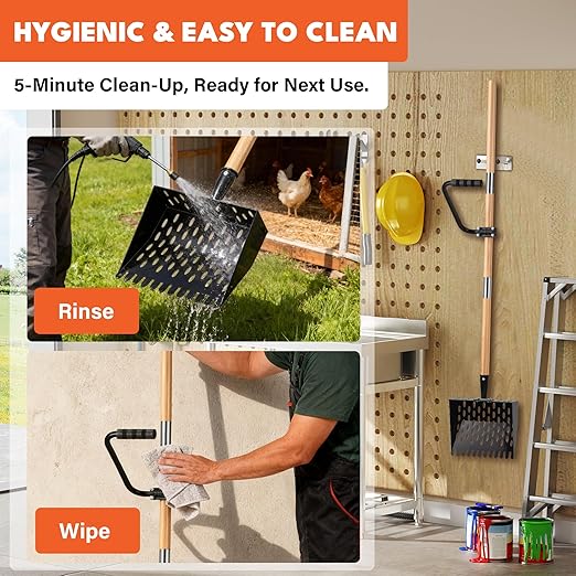 Chicken Poop Scooper for Sand, Extra Large Chicken Coop Scoop with 47" Handle & Assist Tool, 1.6mm Thick Heavy Duty Chicken Scooper for Poop, 2-in-1 Sifting Rake for Effortless Cleaning