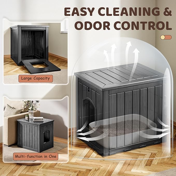 NUNU LAB Cat House for Indoor & Outdoor, Durable PP Plastic Cat Shelter with Easy Assembly & Cleaning, Cozy All-Season Pet House for Cats, Kittens & Small Pets (Black, Large)