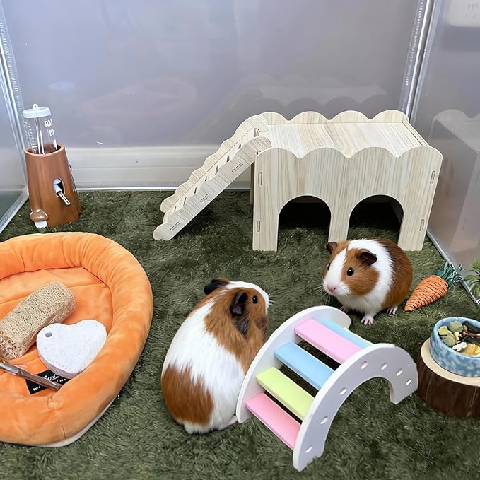 Guinea Pig Hideout Hamster Wood House Maze Platform Detachable Accessories with Ladder for Rat Hamster Squirrel Gerbil Sugar Glider (Guinea Pig Wooden House)