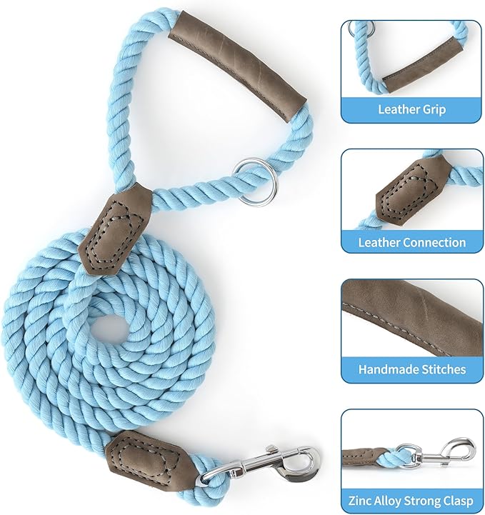 Mile High Life Dog Leash, Braided Cotton Rope Leashes with Leather Handle - Heavy Duty Metal Clasp, 5FT, 1/2" Thick - Wedding, Walking & Training Leash for Small Medium Large Dogs (Sky Blue)