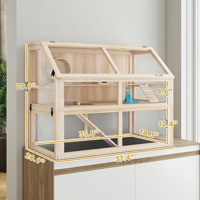 PawHut Wooden Hamster Cage, 3 Tier Small Animal Cage with Detachable 12.4" Deep Bottom, Hut, Seesaw, Exercise Wheel, Ramps, Hamster Habitat for Dwarf, Gerbil, 37" x 21" x 30"