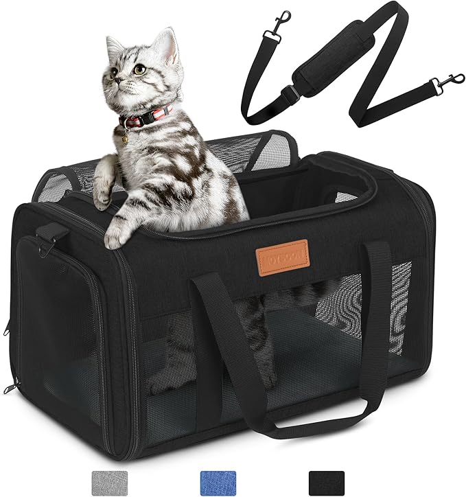 PETUX Airline Approved Cat Carrier or Small Cat up to 12 lb - 17"x11"x9.5", TSA, Underseat, Top & Side Entry, Soft Sided Pet Carrier with Breathable Anti-Scratch Mesh for Travel and Vet Visit - Black